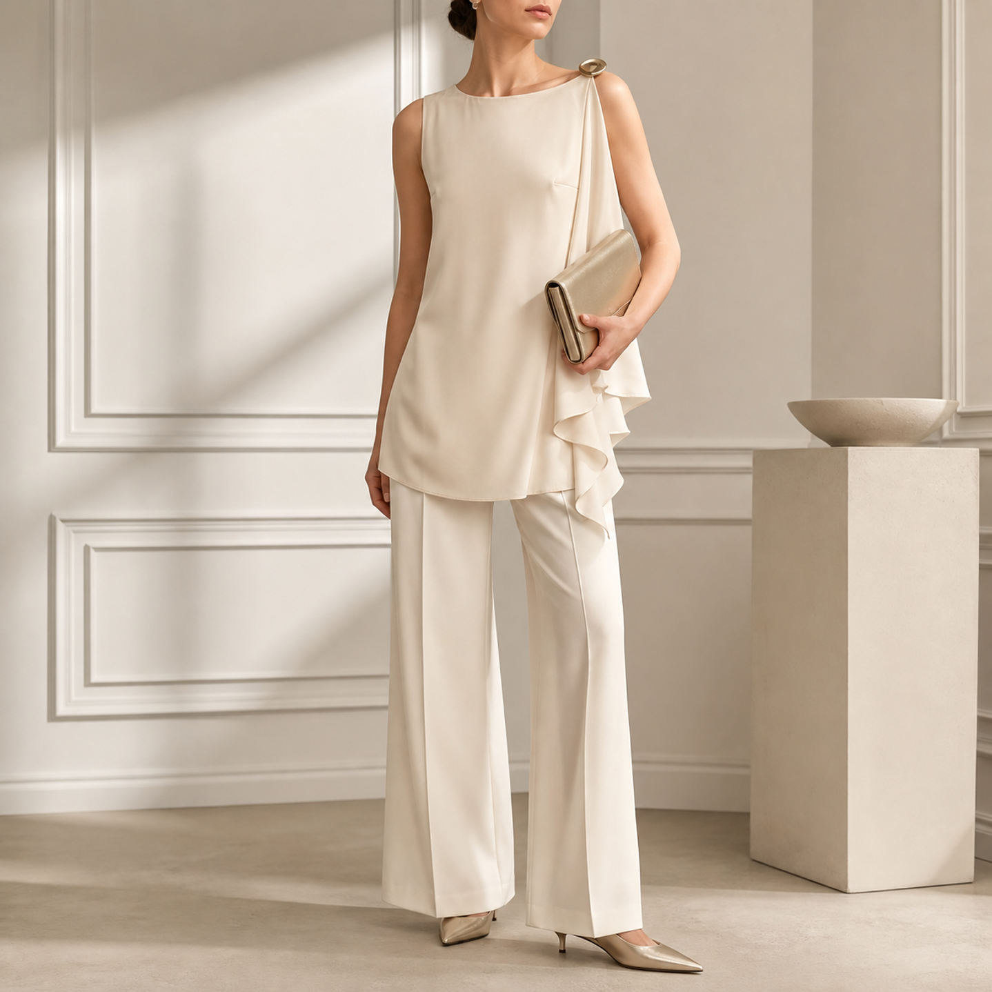 Beige full-length dress on model, side angle by Lord & Taylor Heritage