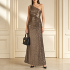 Bronze sequin one-shoulder column gown by Lord & Taylor Heritage, full-length front view