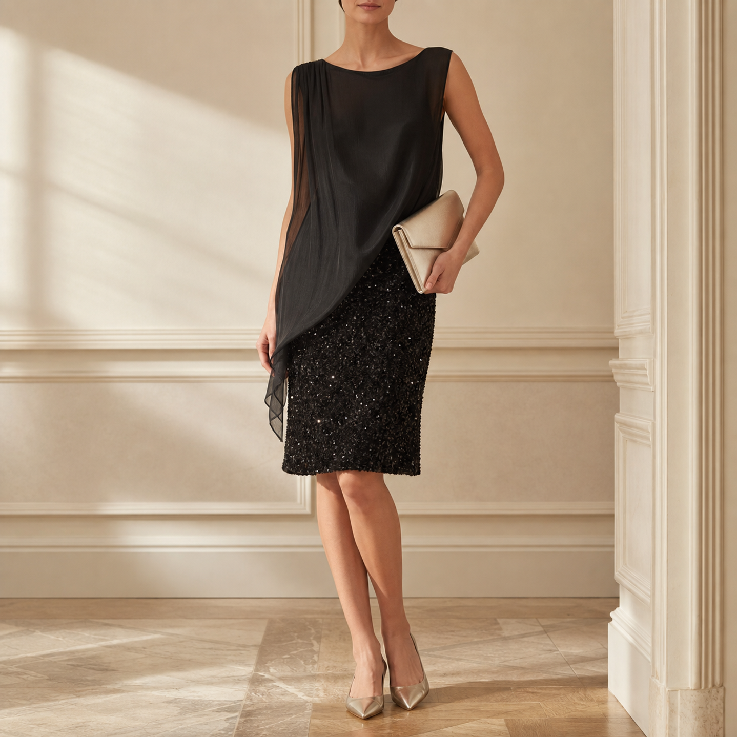 Black sequin cocktail dress with chiffon overlay by Lord & Taylor Heritage, full-length front view