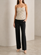 Champagne beige sequin bustier top with scallop pattern, full front view by Lord & Taylor Heritage