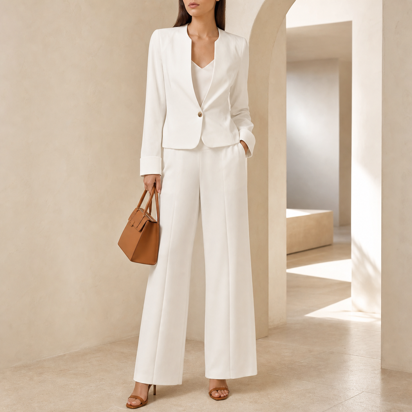 Ecru tailored blazer by Lord & Taylor Heritage, full-length three-quarter view on model