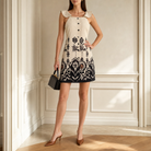 Cream and black ikat print shift dress by Lord & Taylor Heritage, full-length front view