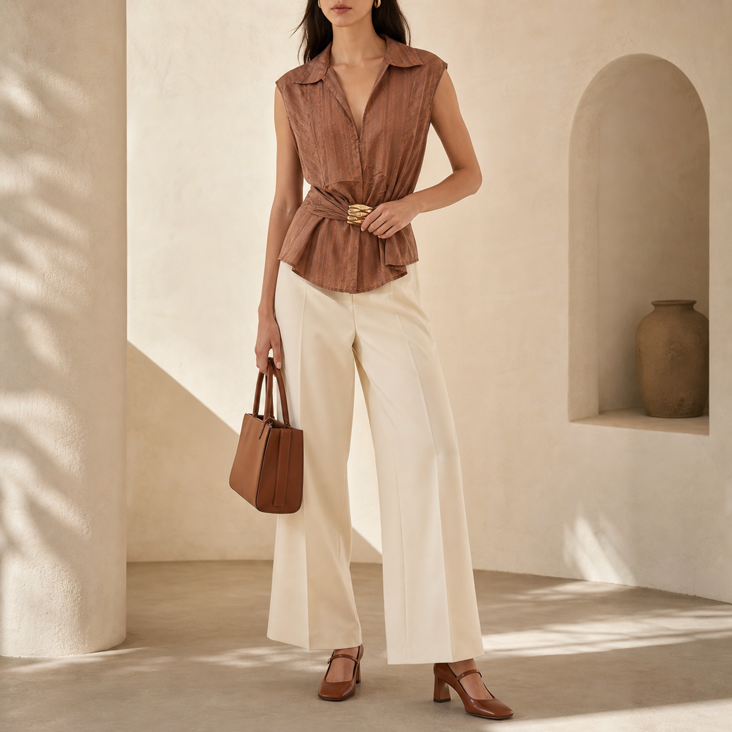 Chestnut brown sleeveless shirt with gold buckle waist, full-length front view by Lord & Taylor Heritage