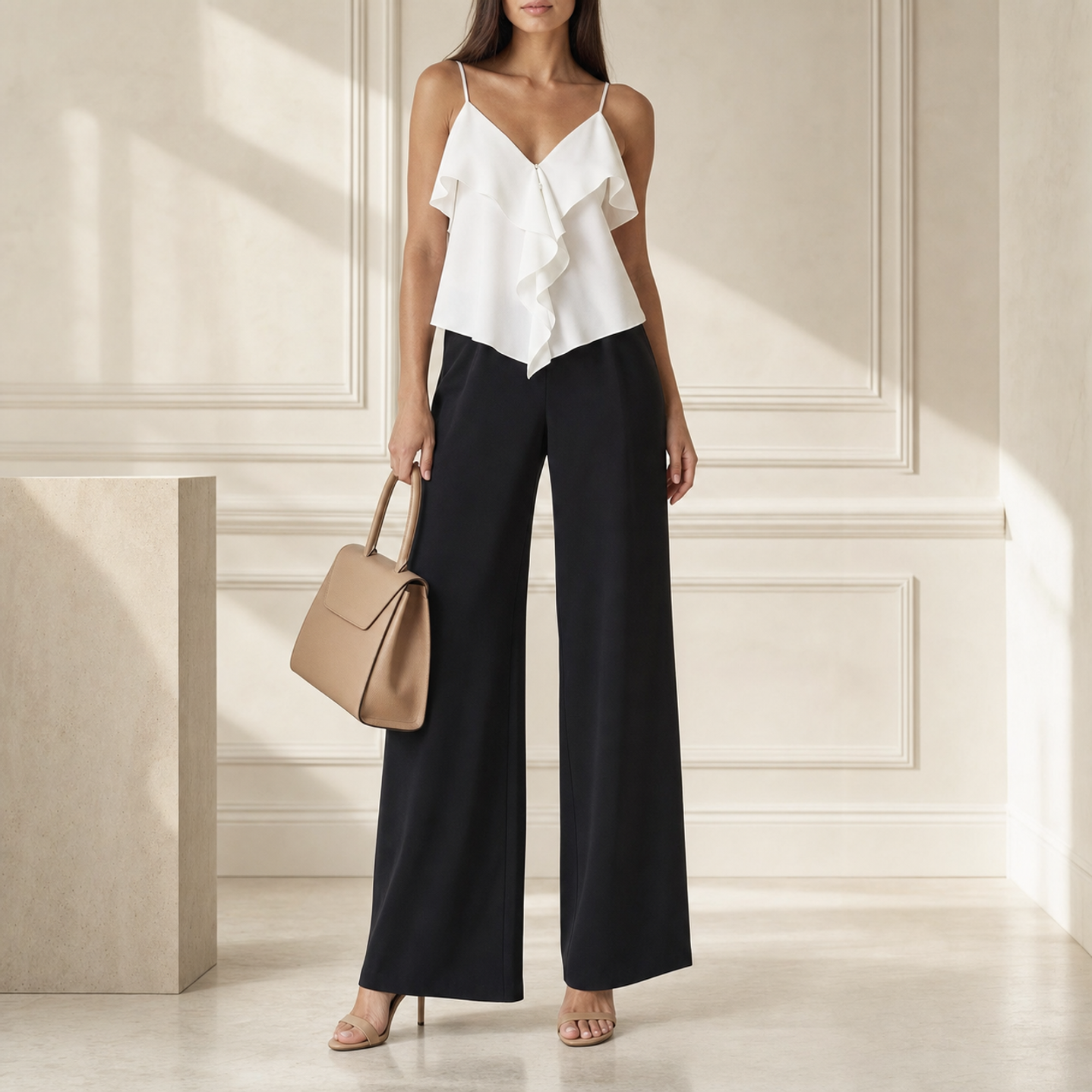 Black wide-leg trousers on model, full-length view by Lord & Taylor Heritage