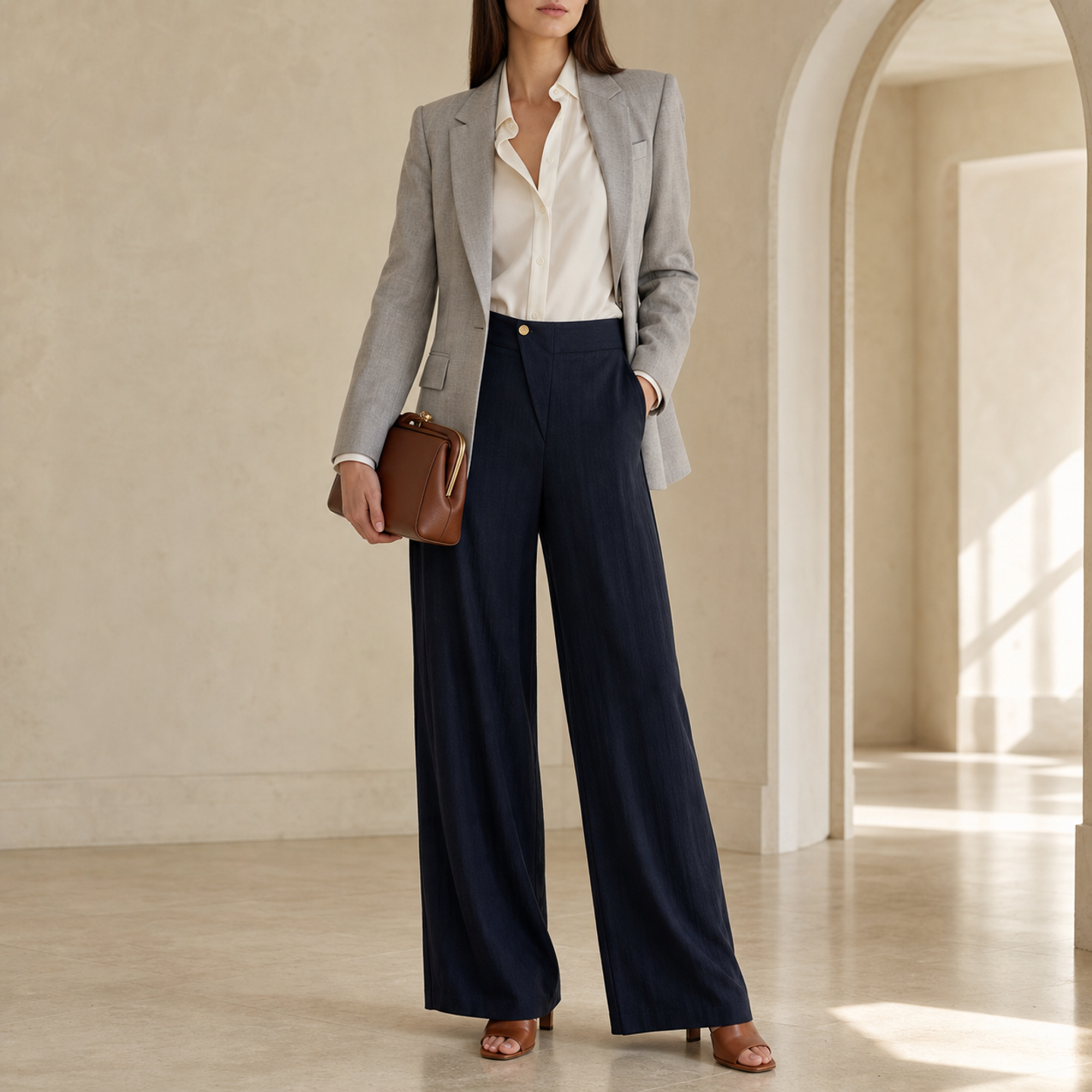 Navy wide-leg trousers with asymmetric button closure, front detail by Lord & Taylor Heritage