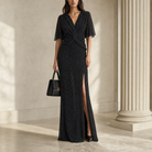 Black glittering maxi gown with flutter sleeves by Lord & Taylor Heritage, full-length front view