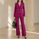 Magenta double-breasted blazer with gold buttons by Lord & Taylor Heritage, full-length view