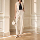 Cream barrel-leg trousers with high waist by Lord & Taylor Heritage, full-length front view