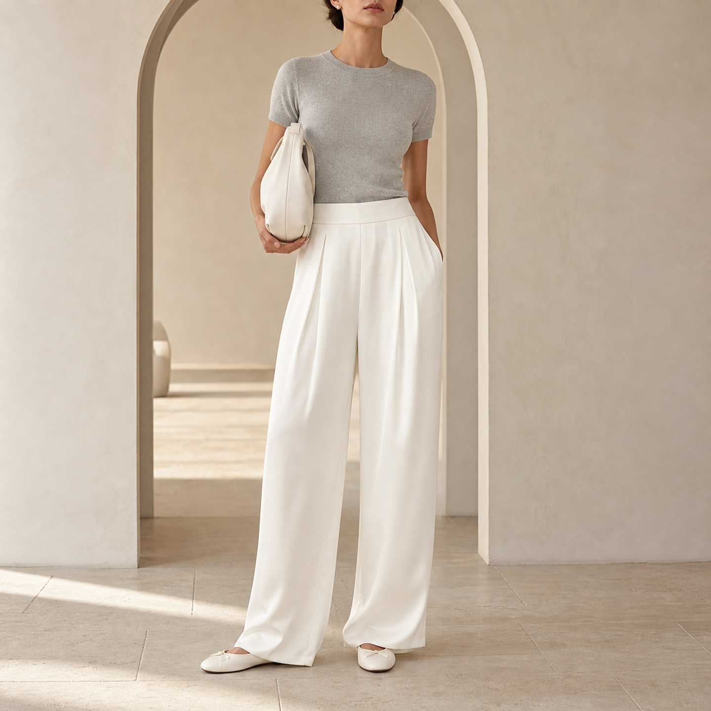 Champagne satin trousers by Lord & Taylor Heritage, full-length three-quarter view on model