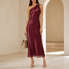 Burgundy satin one-shoulder midi dress by Lord & Taylor Heritage, full length front view