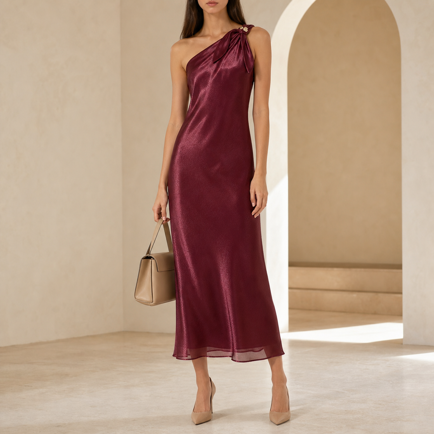 Burgundy satin one-shoulder midi dress by Lord & Taylor Heritage, full length front view