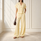 Lord & Taylor Heritage Camp Shirt, Yellow Linen Blend — on model, full length