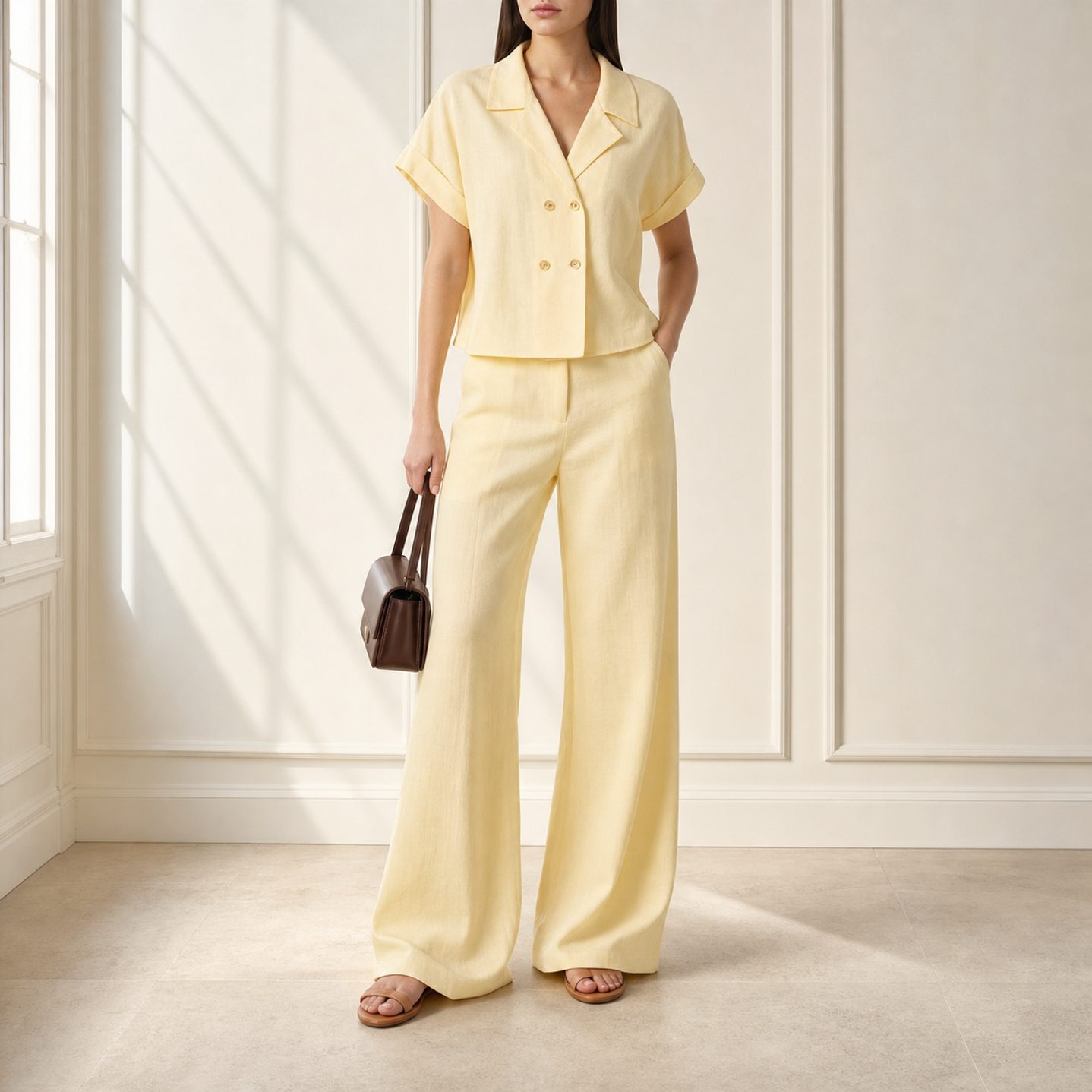 Lord & Taylor Heritage Camp Shirt, Yellow Linen Blend — on model, full length