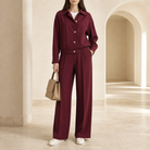 Burgundy collared bomber jacket by Lord & Taylor Heritage, full-length front view on model
