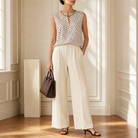 Cream polka dot sleeveless top with gold chain trim by Lord & Taylor Heritage, front view on model