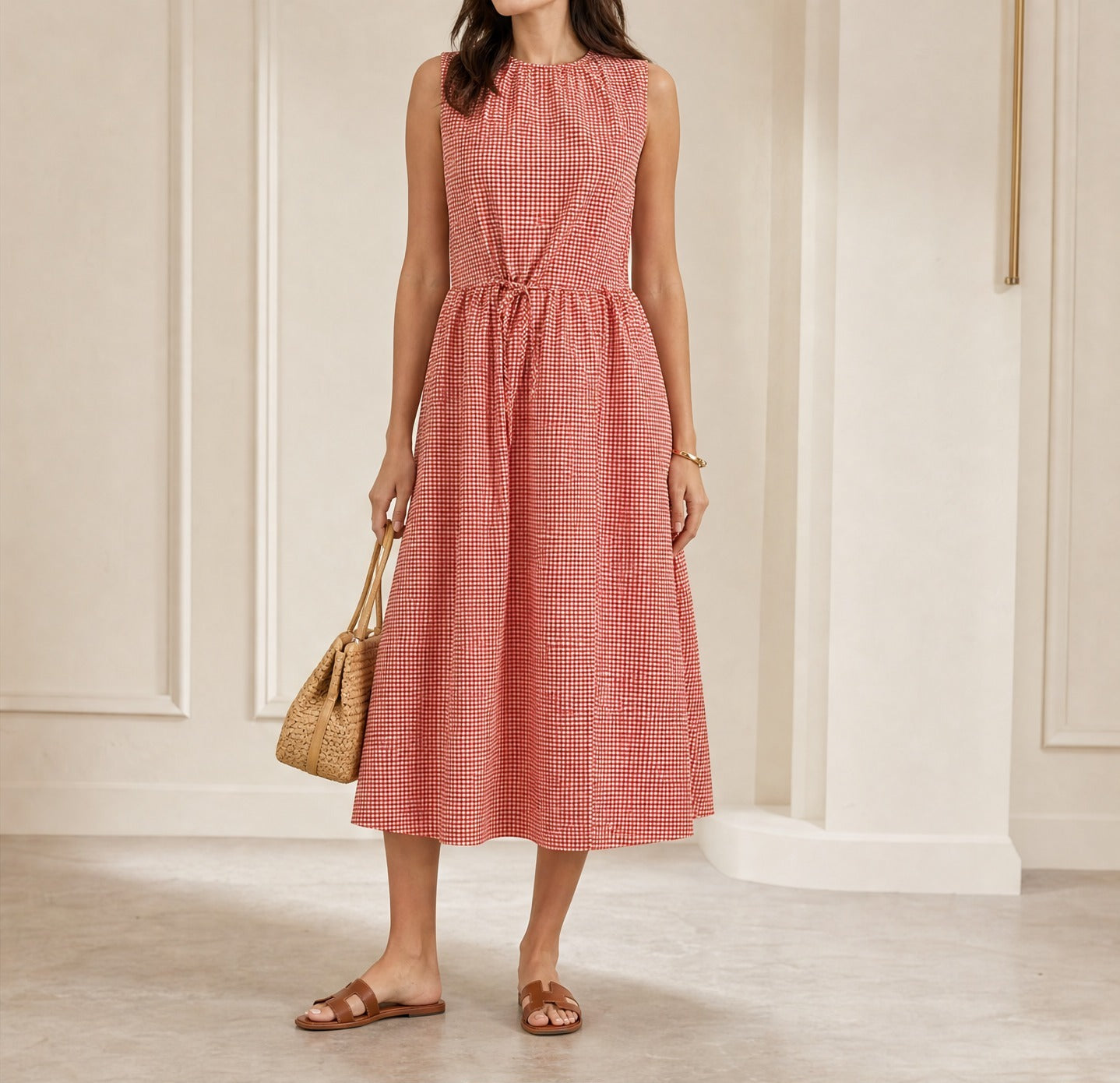 Red checkered APUNTOB midi dress with gathered waist, full body view