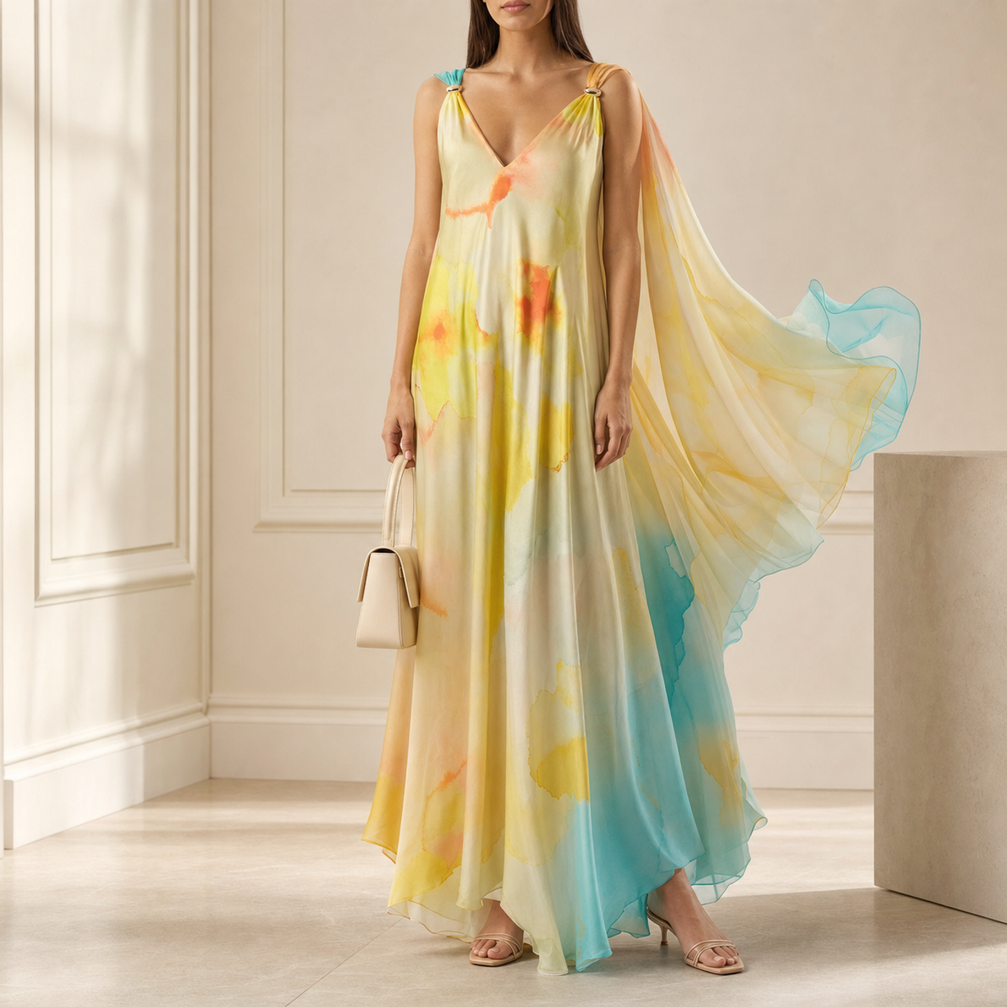 Lord & Taylor Heritage Maxi Dress, Yellow Watercolor Print, 4