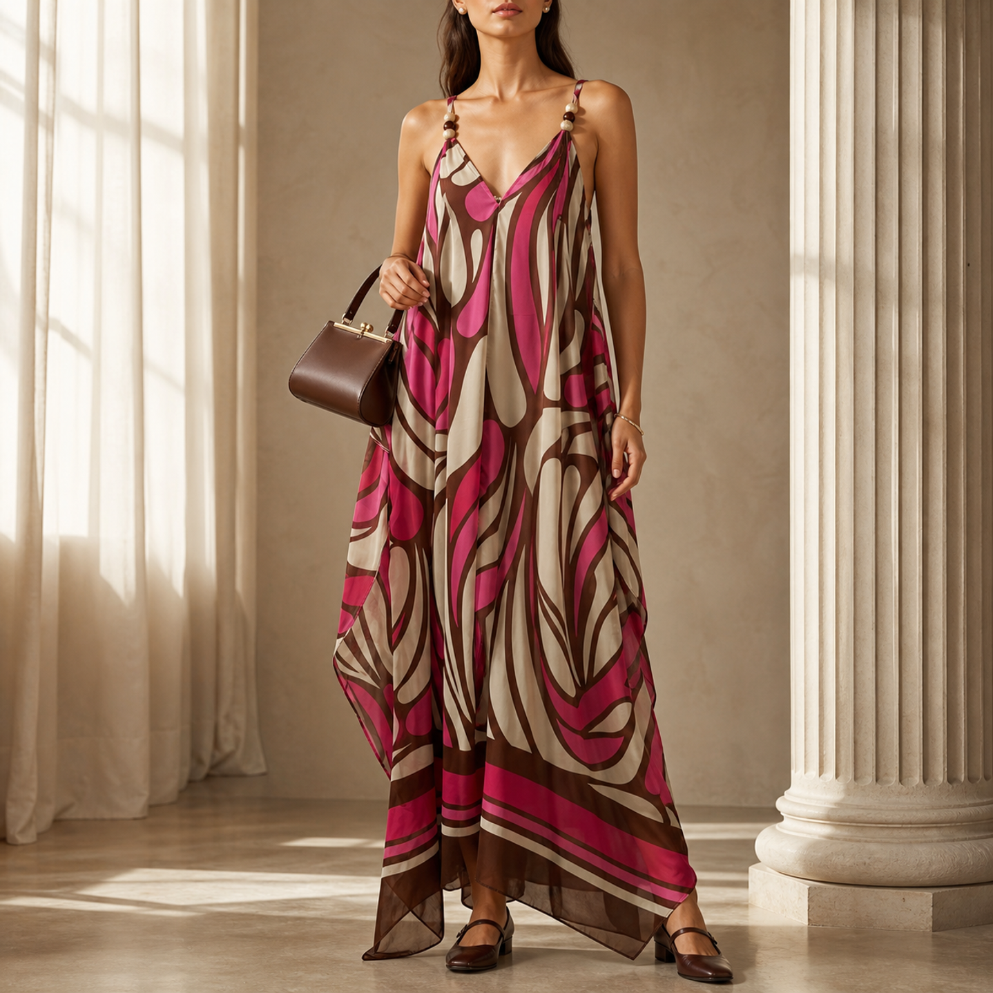 Fuchsia sleeveless midi dress by Lord & Taylor Heritage, full length on model