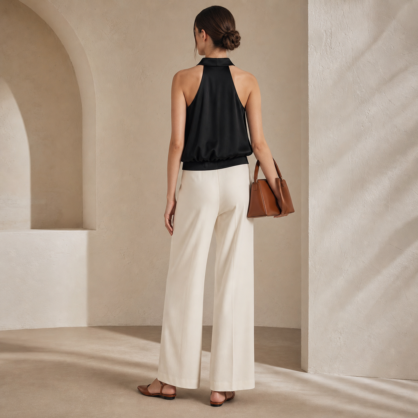 Black halter-neck satin shirt by Lord & Taylor Heritage, side angle full-length view on model