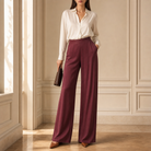Burgundy satin wide-leg trousers by Lord & Taylor Heritage, full-length front view on model