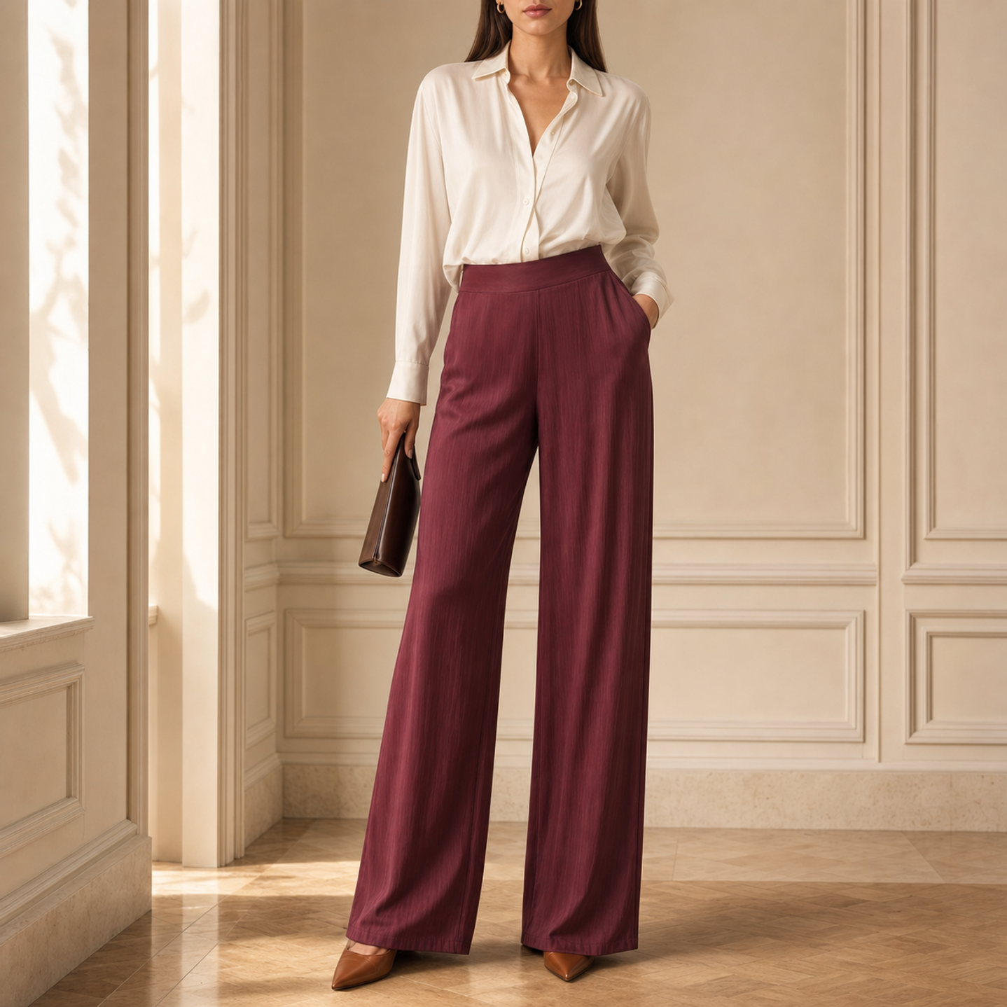 Burgundy satin wide-leg trousers by Lord & Taylor Heritage, full-length front view on model
