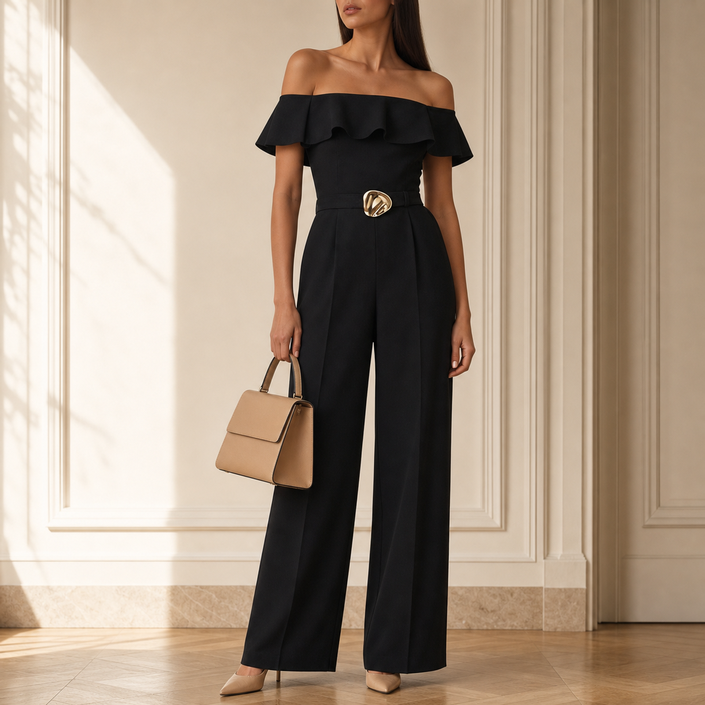 Black off-shoulder jumpsuit with wide-leg trousers by Lord & Taylor Heritage, full-length view