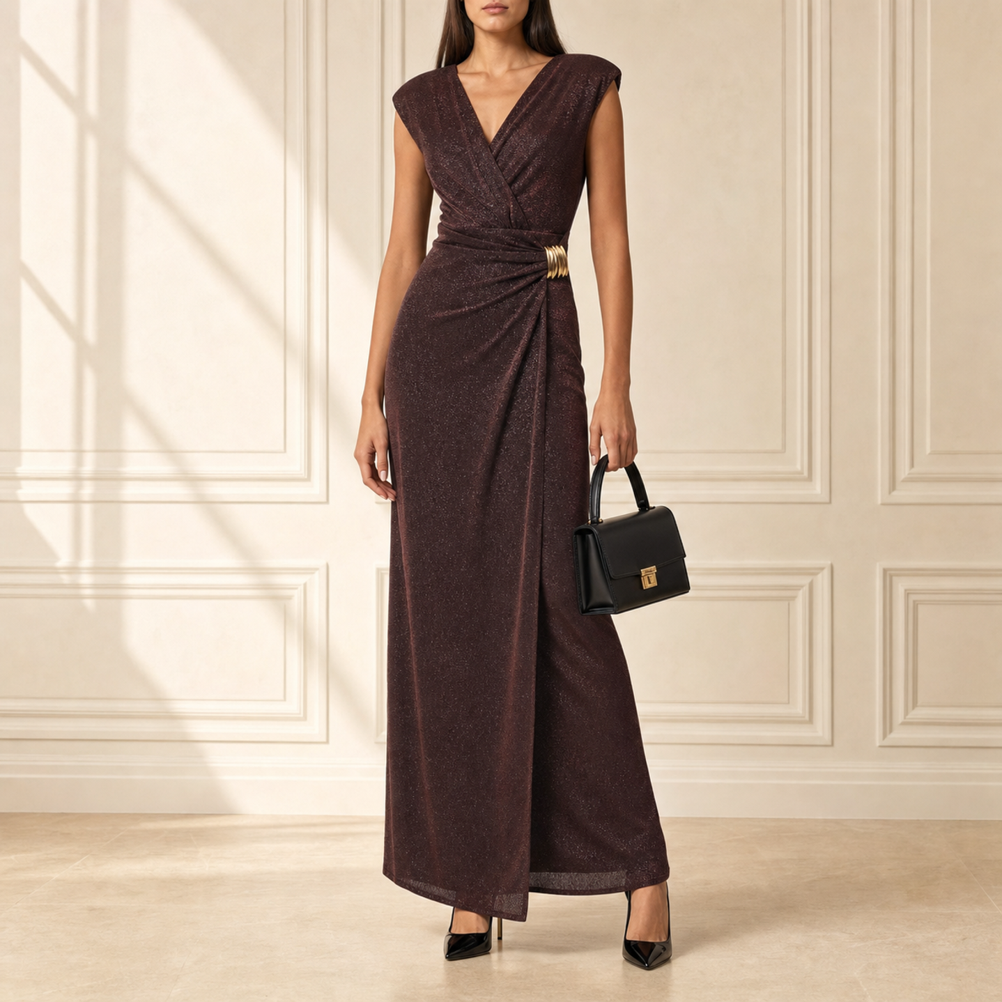 Bronze metallic sleeveless gown with twist waist detail by Lord & Taylor Heritage, full-length front view
