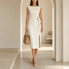 Cream pencil dress with cascading side ruffle by Lord & Taylor Heritage, full-length view