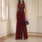 Burgundy beaded evening gown by Lord & Taylor Heritage, full-length front view on model