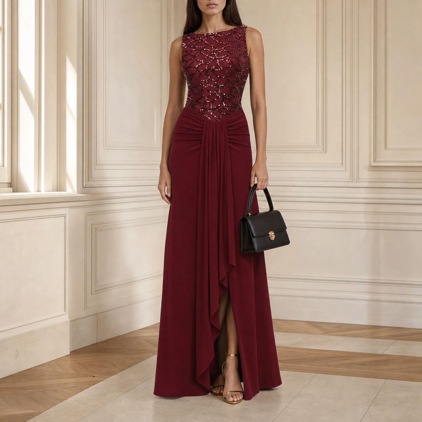 Burgundy beaded evening gown by Lord & Taylor Heritage, full-length front view on model