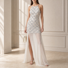 Ecru sequin maxi dress with halter neckline by Lord & Taylor Heritage, full-length front view