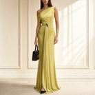 Chartreuse one-shoulder jersey gown with draped bodice by Lord & Taylor Heritage, full-length front view