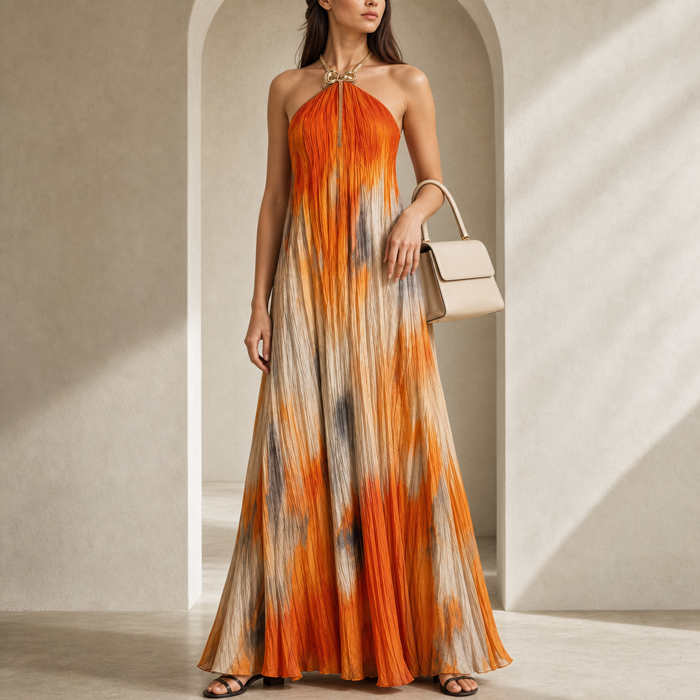 Lord & Taylor Heritage Halter Maxi Dress, Orange Sunset Print — on model, full length