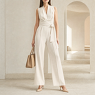 Cream sleeveless wrap jumpsuit with wide-leg trousers by Lord & Taylor Heritage, full-length view