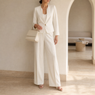 Ecru tailored blazer with gold buttons by Lord & Taylor Heritage, full-length front view on model