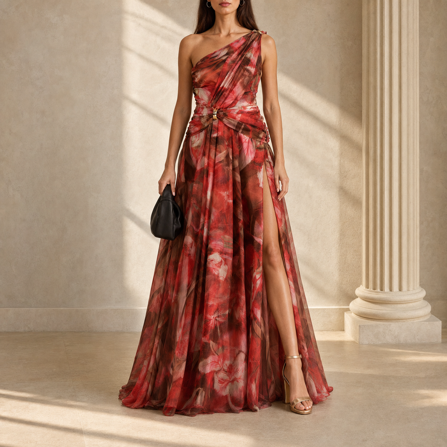 Lord & Taylor Heritage One-Shoulder Maxi Dress, Red Floral — on model, full length