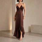 Brown Amen midi dress with asymmetrical peplum hem, full body view by Amen