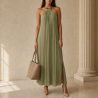 Khaki halter maxi dress with pleated jersey, full-length front view by Lord & Taylor Heritage