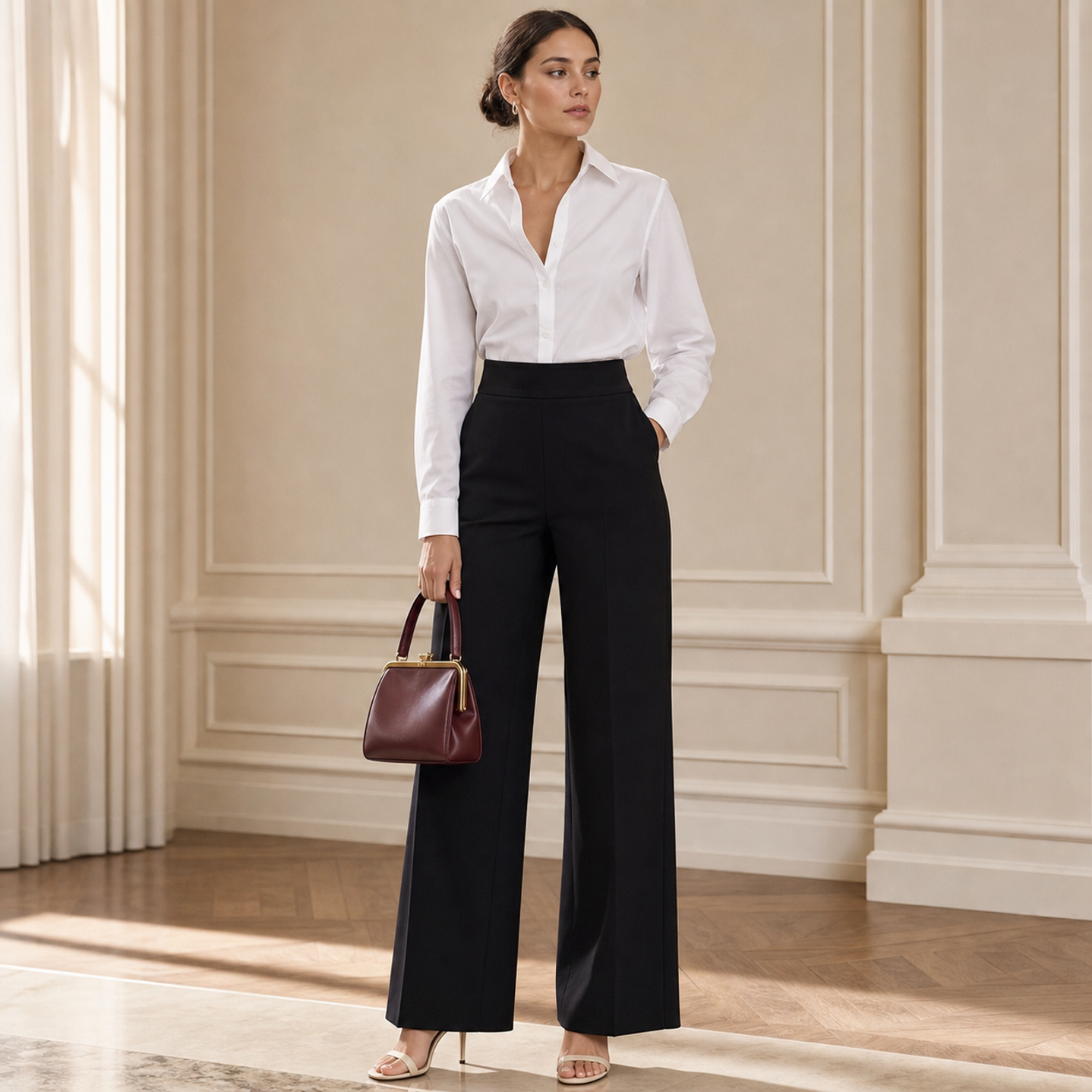 Black high-waisted wide-leg trousers on model, full-length view by Lord & Taylor Heritage