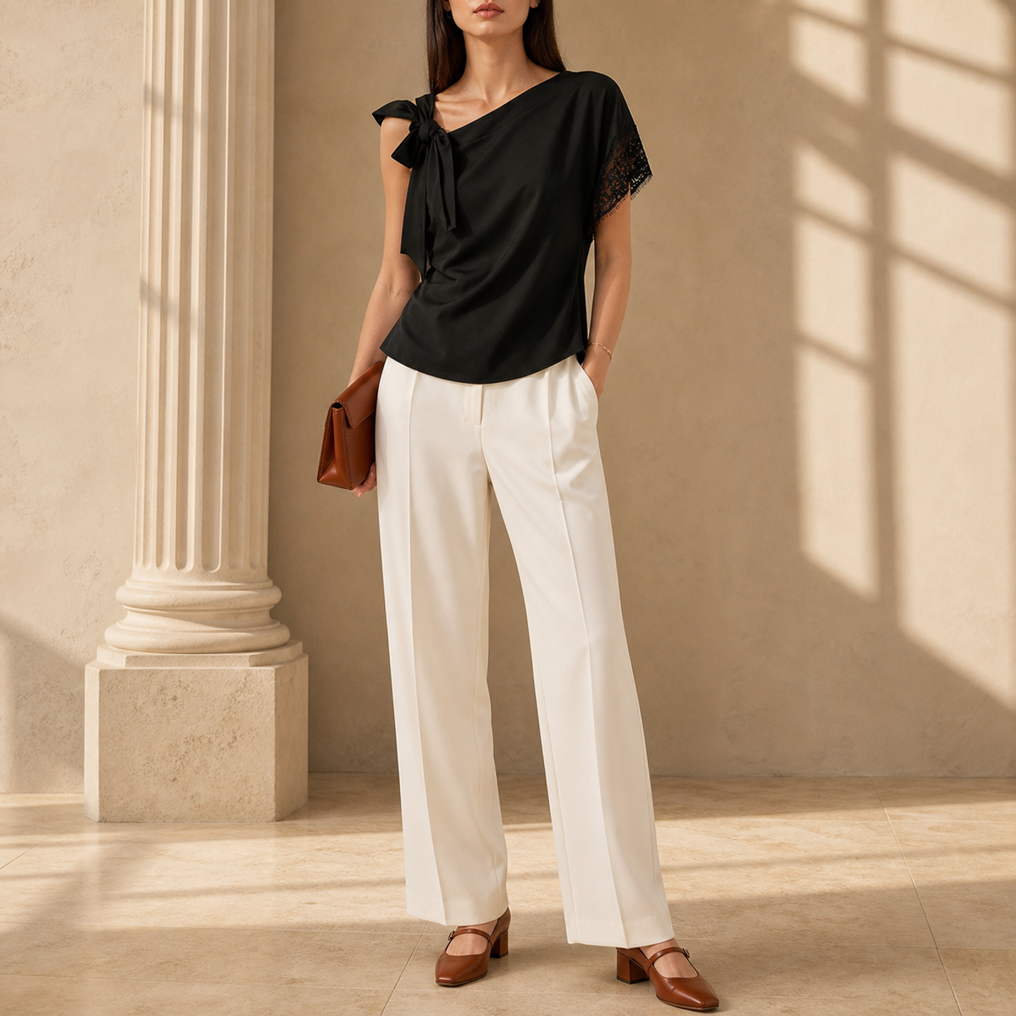 Lord & Taylor Heritage One-Shoulder Top, Black with Lace — on model, full length