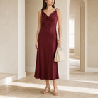 Lord & Taylor Heritage Satin Slip Dress, Burgundy Cowl-Neck — on model, full length