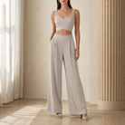 Stone beige two-piece set by Lord & Taylor Heritage, full-length on model