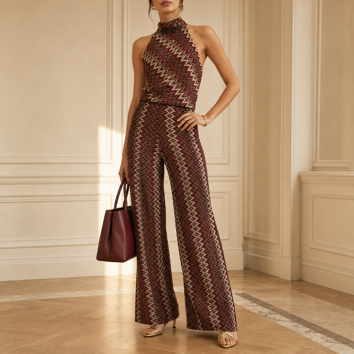Burgundy chevron two-piece set with halterneck and wide-leg trousers by Lord & Taylor Heritage, full-length view