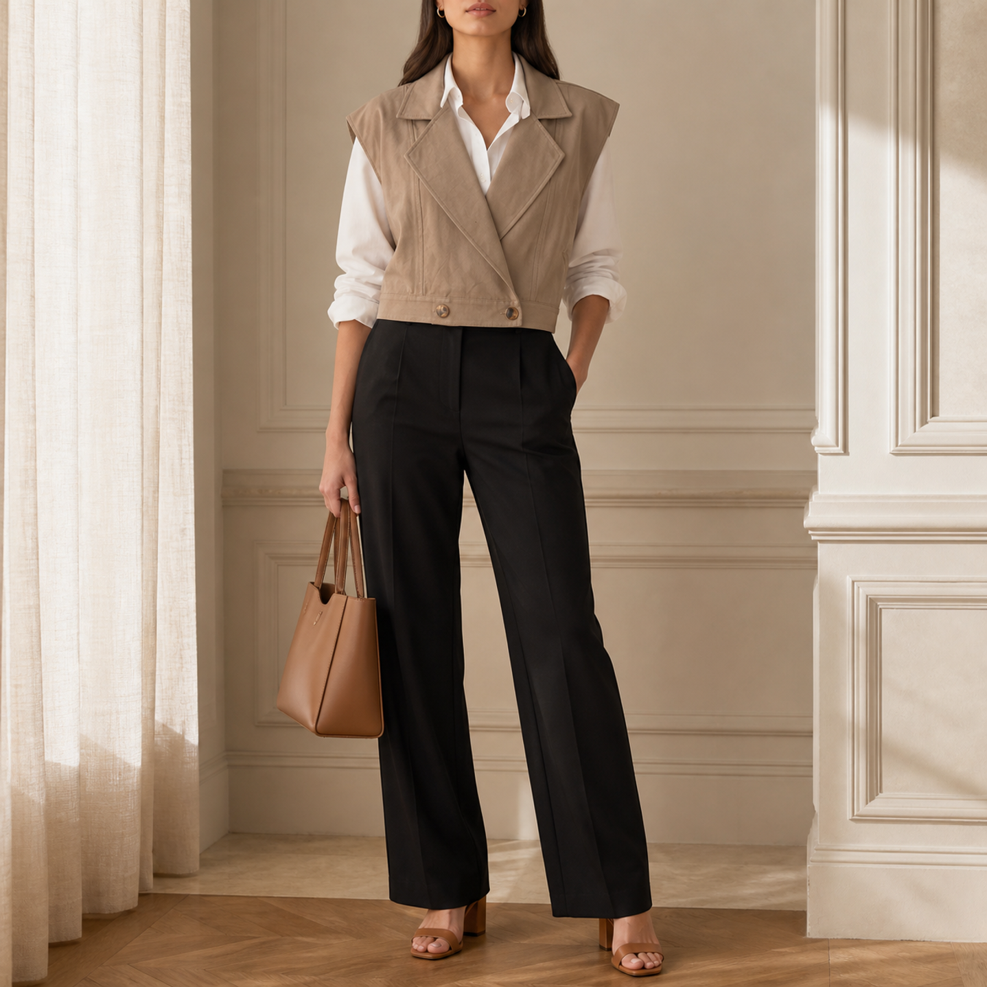 Needs to be a darker color Lord & Taylor Heritage Sleeveless Wrap Vest, Ecru — on model, full length