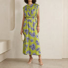 Green Lanvin silk dress with purple floral print, full-length view