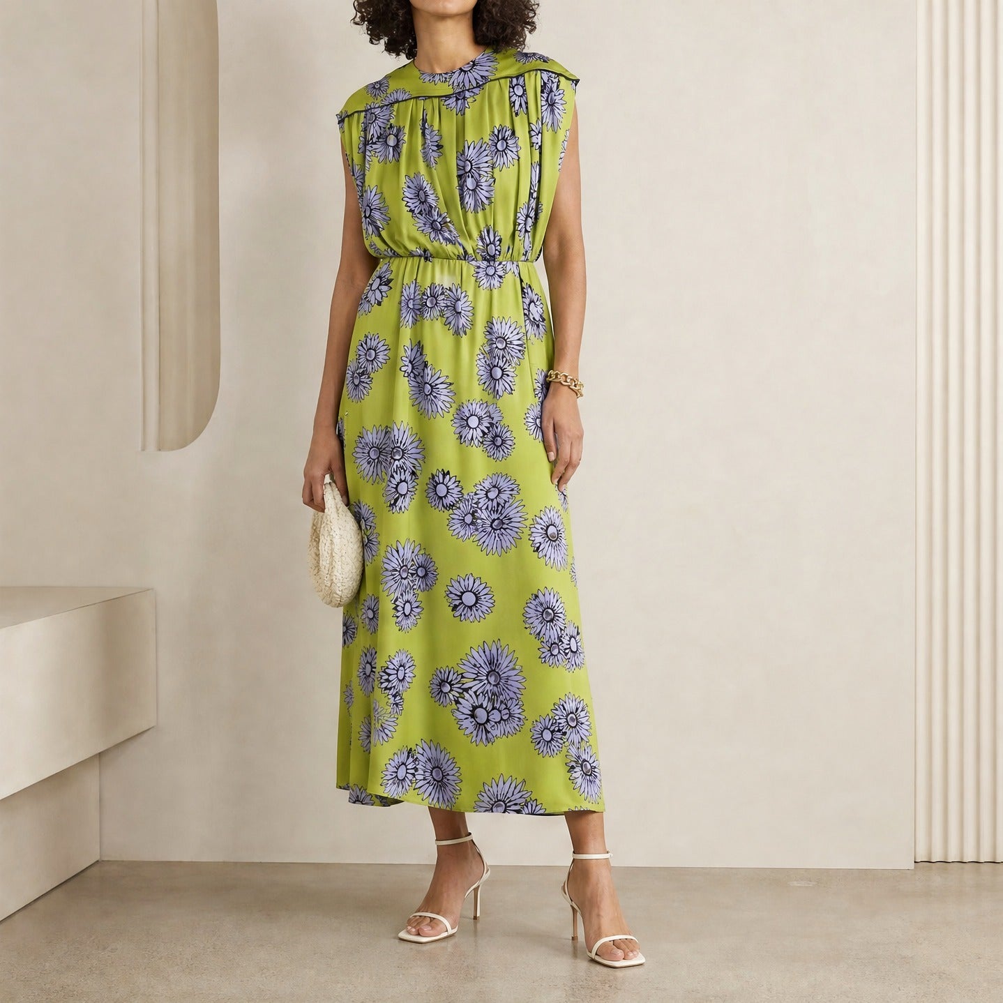 Green Lanvin silk dress with purple floral print, full-length view