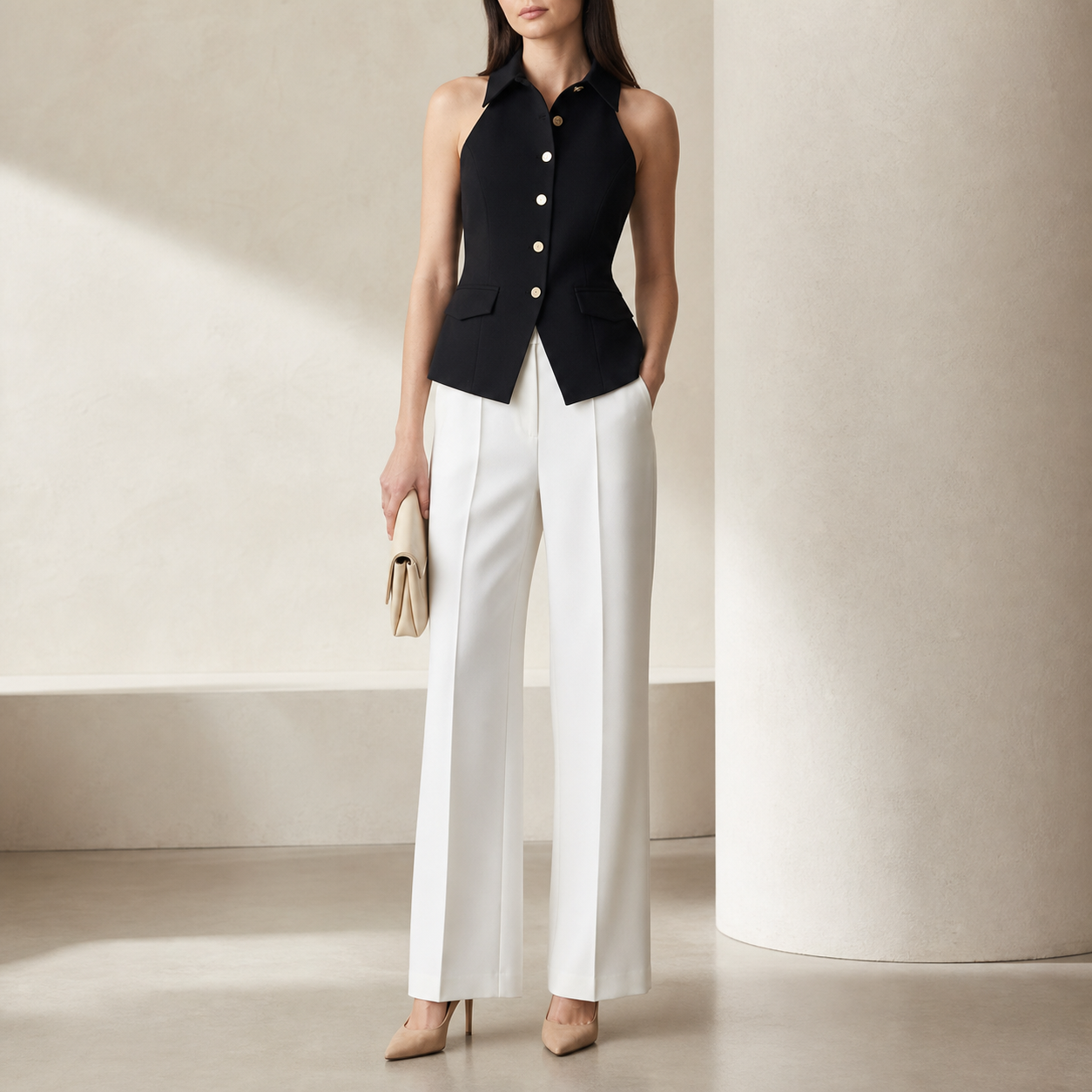 Black halter vest top with gold buttons on model, full length view by Lord & Taylor Heritage
