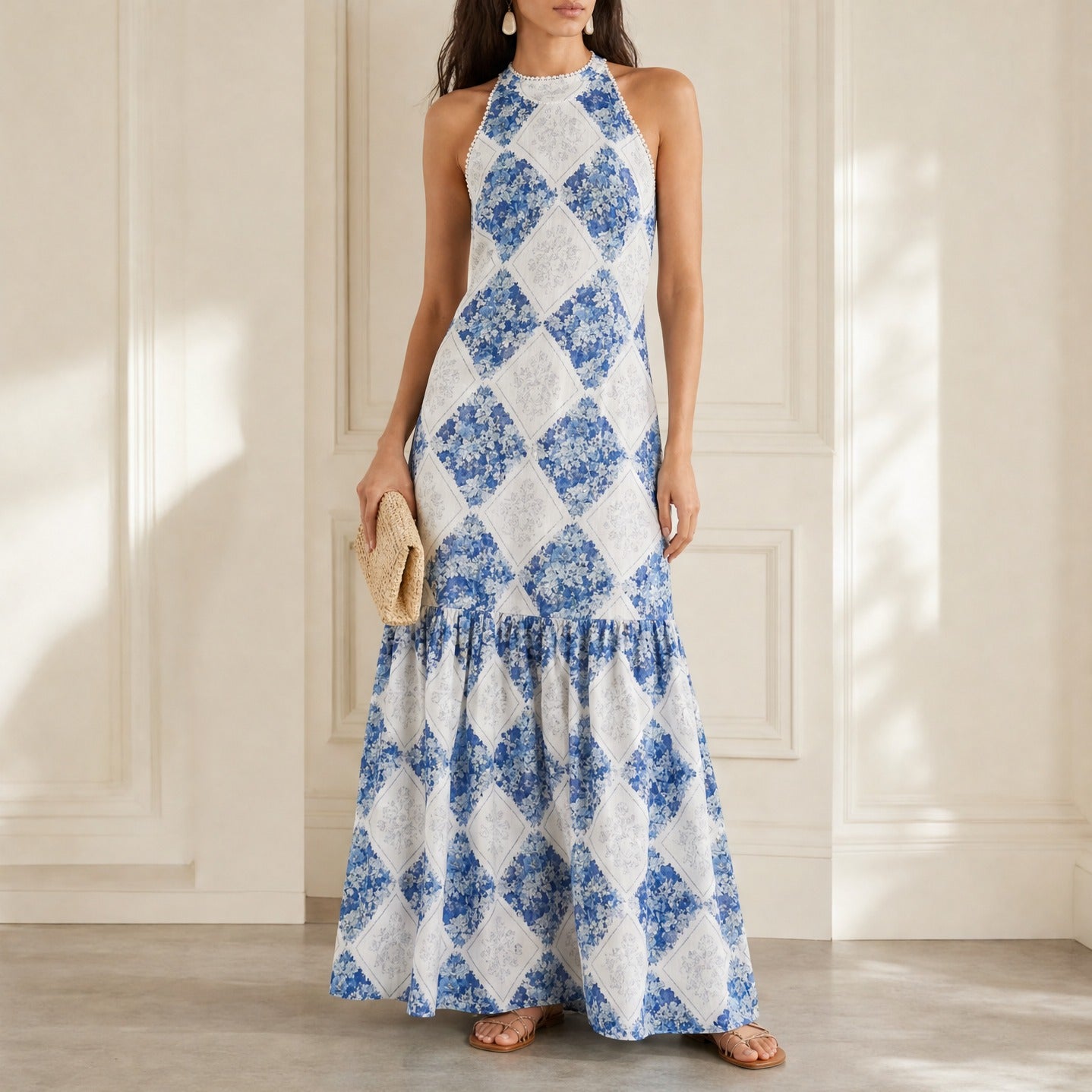 White and blue floral maxi dress by Twin-Set, full-length view