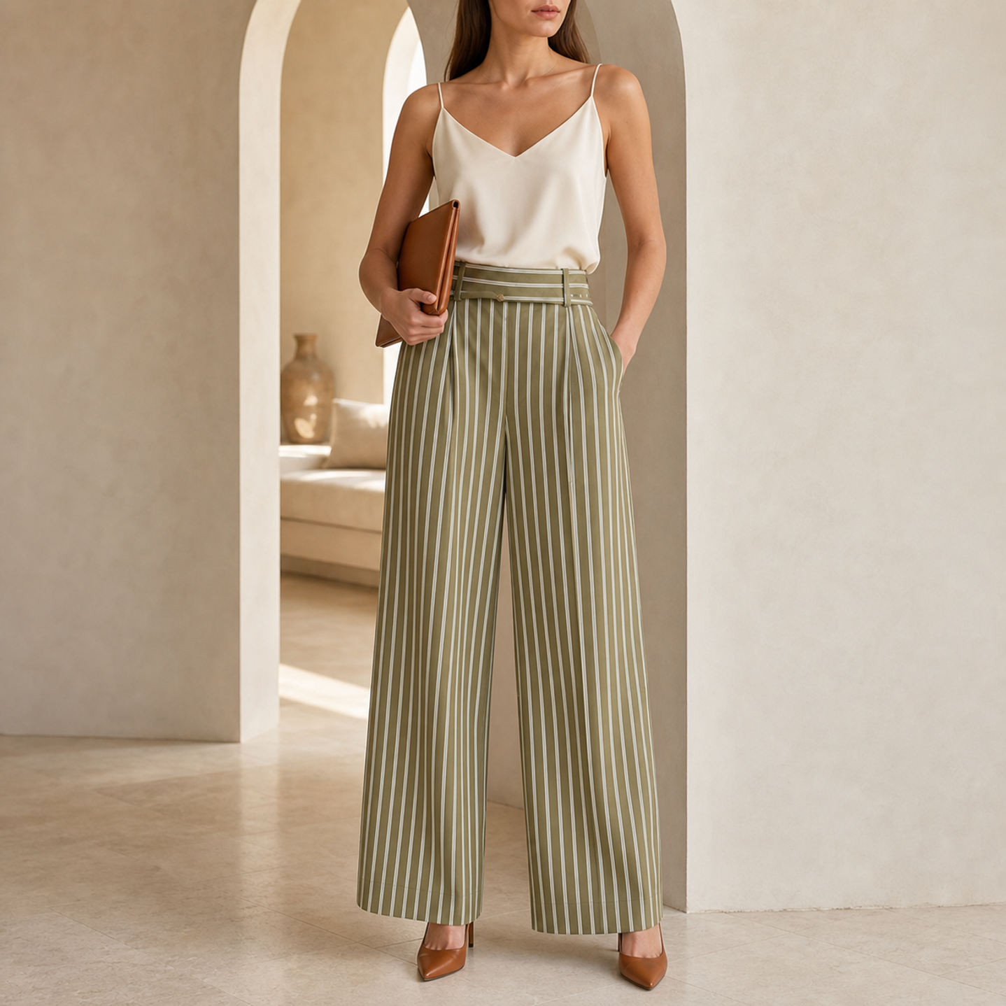 Olive striped wide-leg trousers by Lord & Taylor Heritage, side view on model