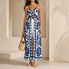 Navy and white floral maxi dress by FARM Rio, full body front view